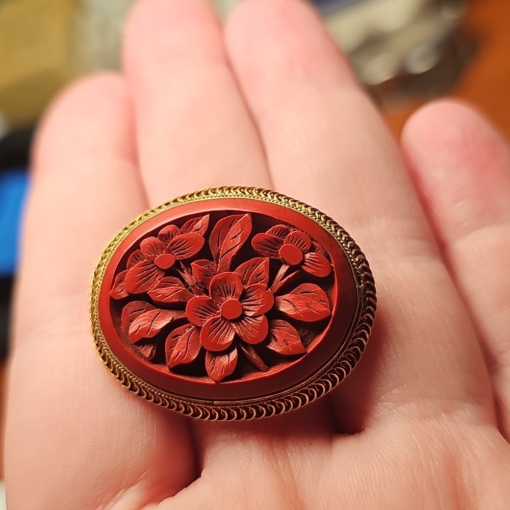 Carved Cinnabar Pin